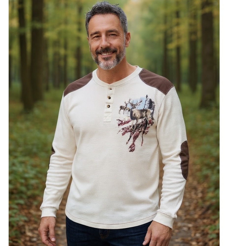 COSI Concepts XL Cream Deer Print Long Sleeve Waffle Knit Henley Shirt‎